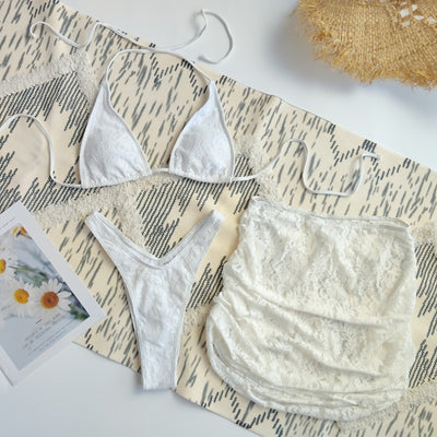 Lace Triangle Halter Bikini Set - Three Piece with Mini Skirt