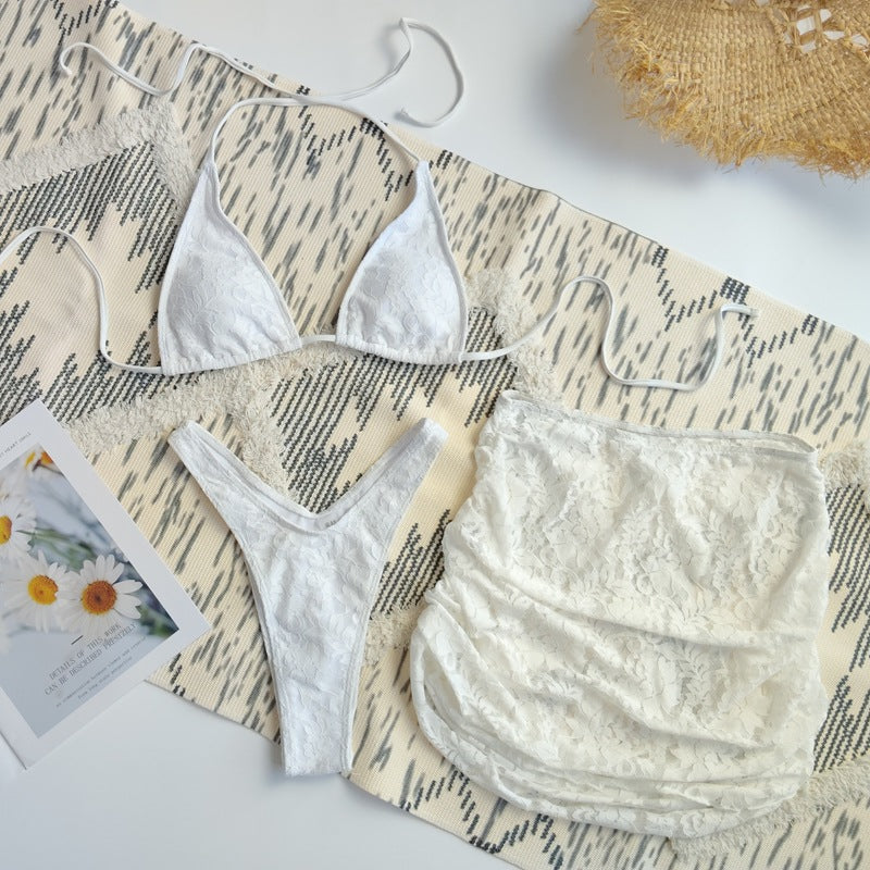 Lace Triangle Halter Bikini Set - Three Piece with Mini Skirt