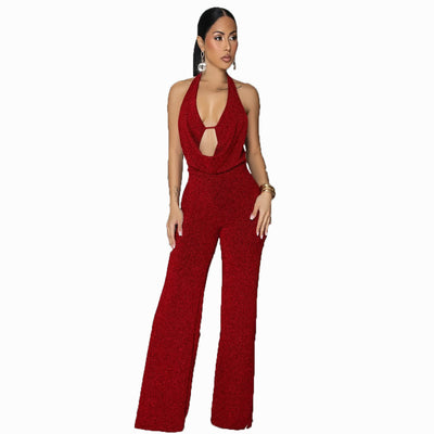 Red Halter Tie Backless Jumpsuit - Deep V Keyhole Wide Leg Flare