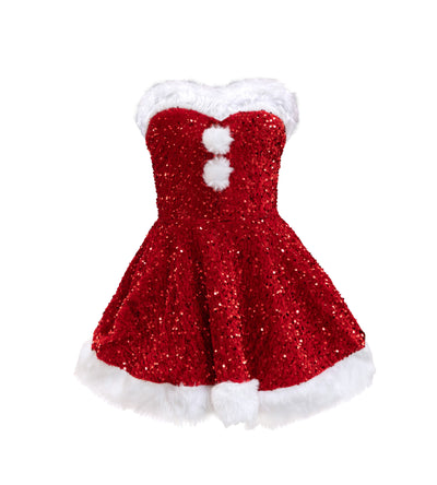 Sequin Santa Mini Dress - Strapless Faux Fur Trim Holiday Set
