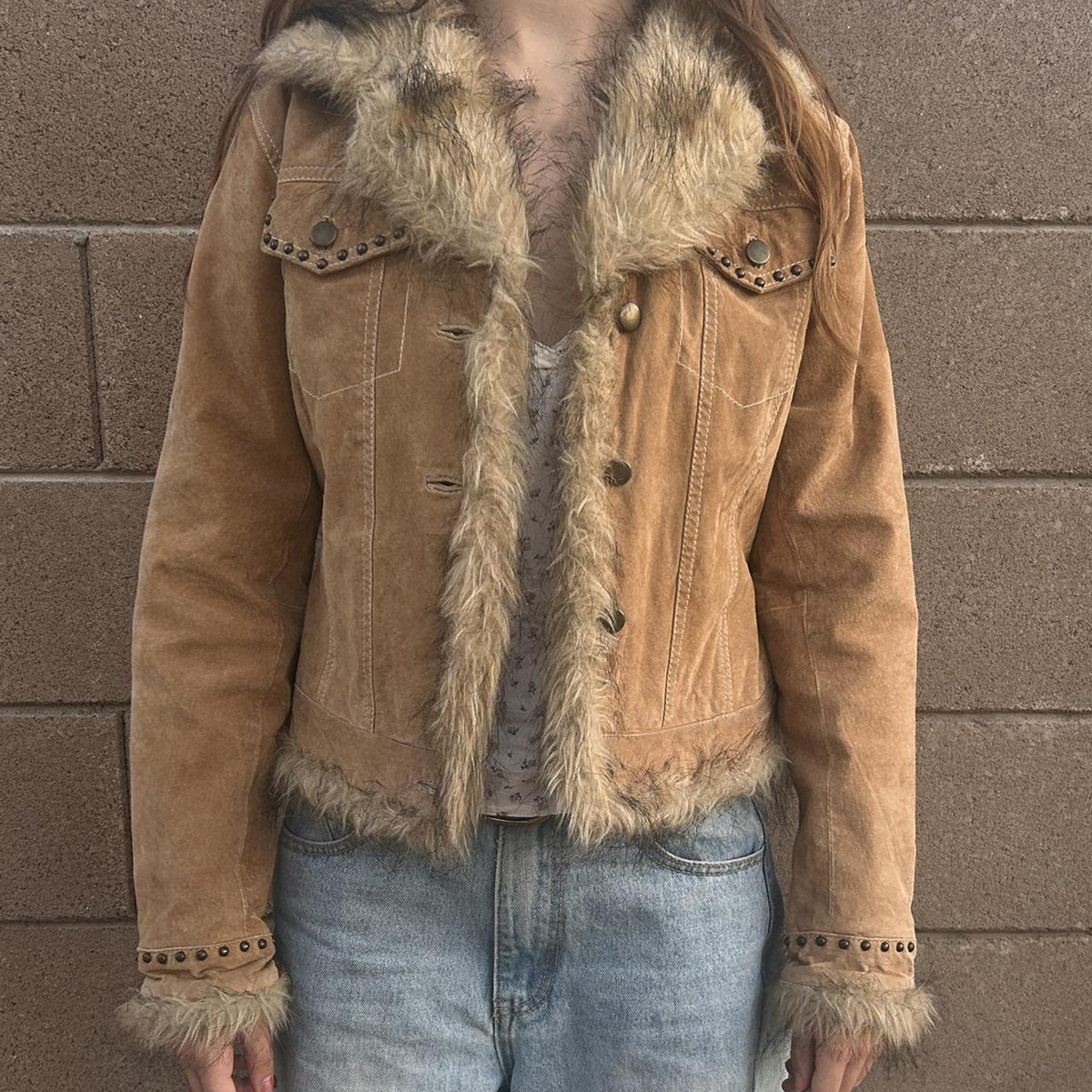 Khaki fur patchwork jacket with studded cuffs and button placket, long sleeves