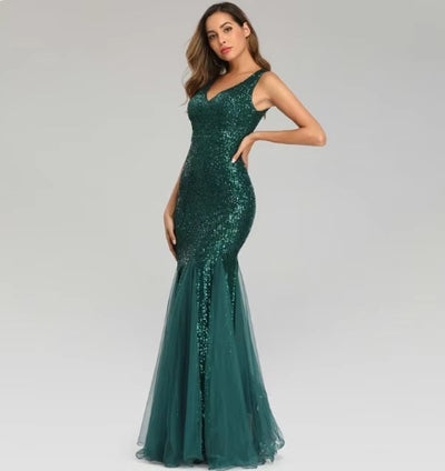 Sequin Mermaid Fishtail Evening Gown - Double V-Neck Tulle Hem