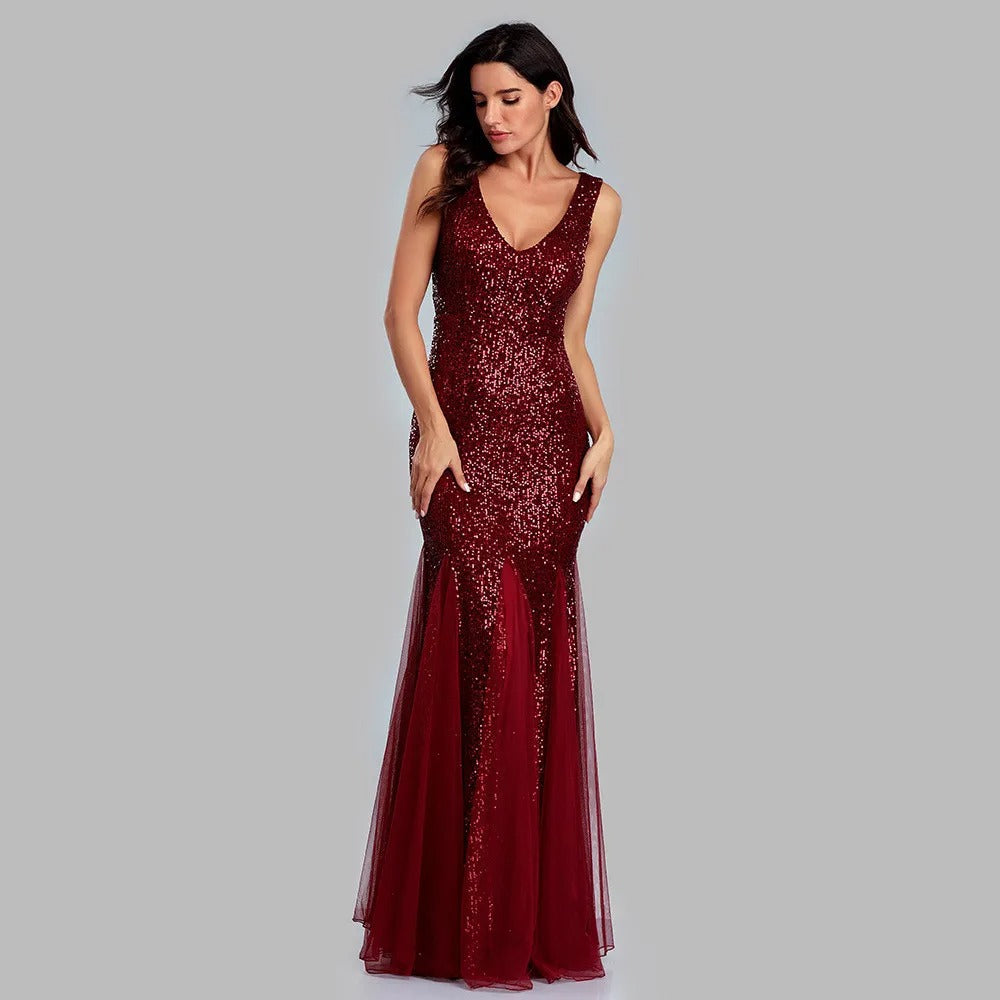 Sequin Mermaid Fishtail Evening Gown - Double V-Neck Tulle Hem