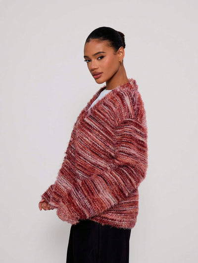 Melange Fleece Long Sleeve Cardigan - Vintage Deep V-Neck