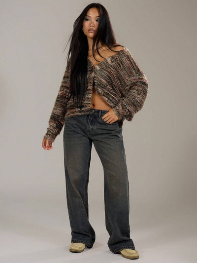 Melange Fleece Long Sleeve Cardigan - Vintage Deep V-Neck