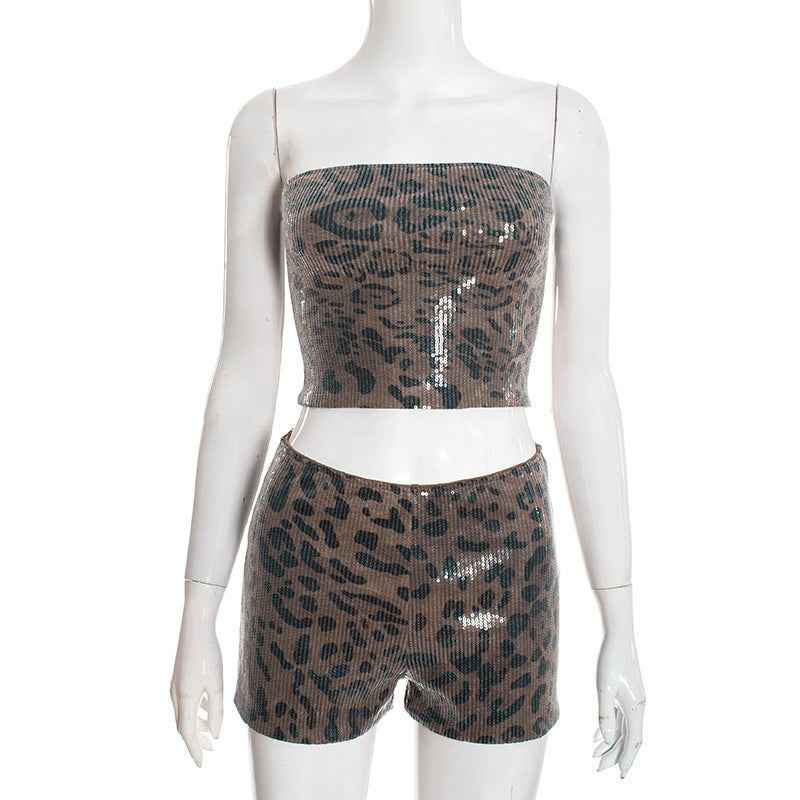 Sexy Leopard Print Outfit Set - Sequin Crop Top Fitted High-Waisted Shorts