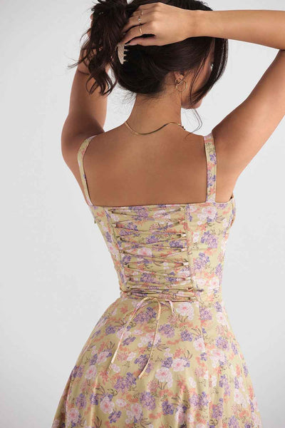 Corset Lace-Up Back Midi Dress - Wide Strap Side Slit
