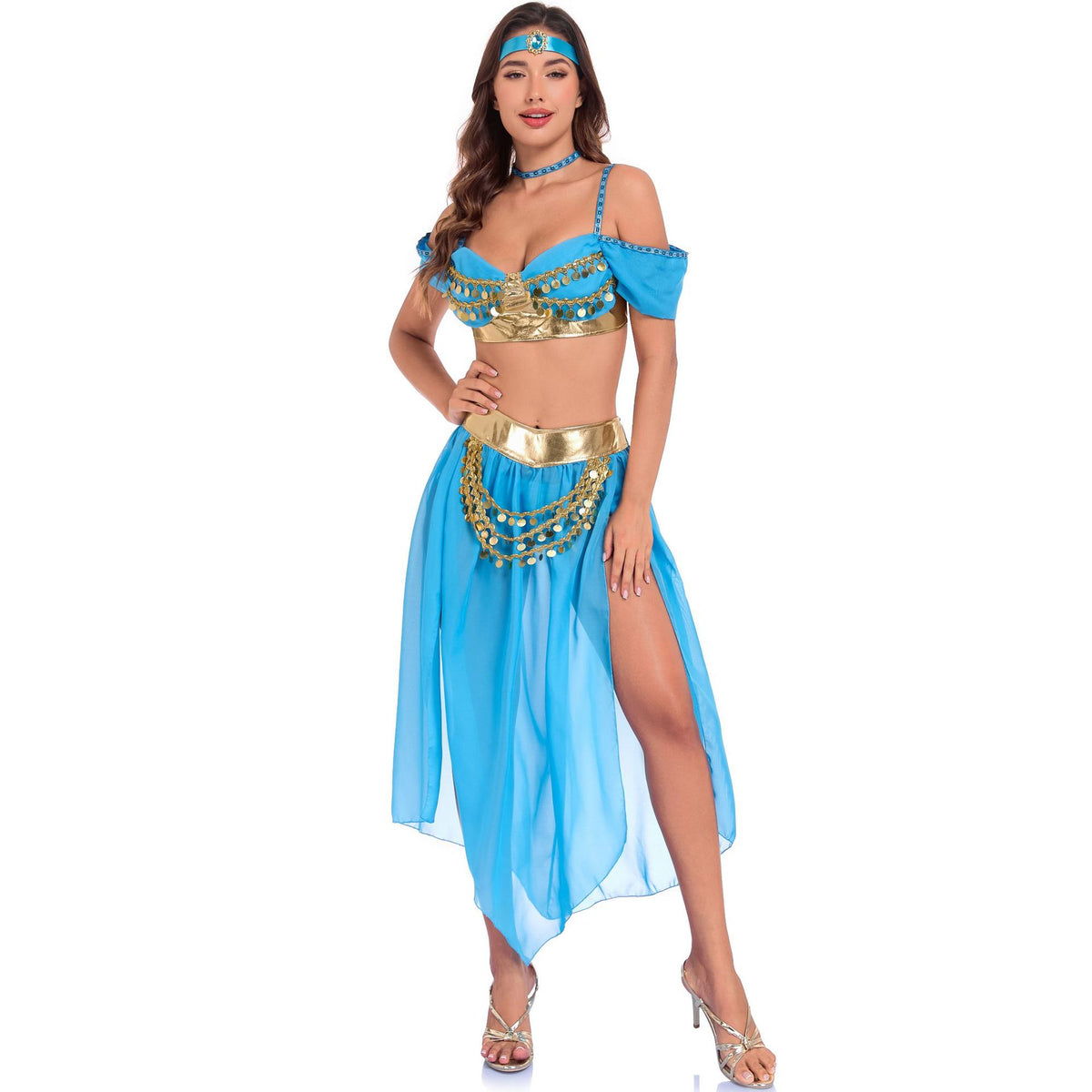 Halloween Jasmine Princess Costume - Coin Trim Crop Top Skirt Set