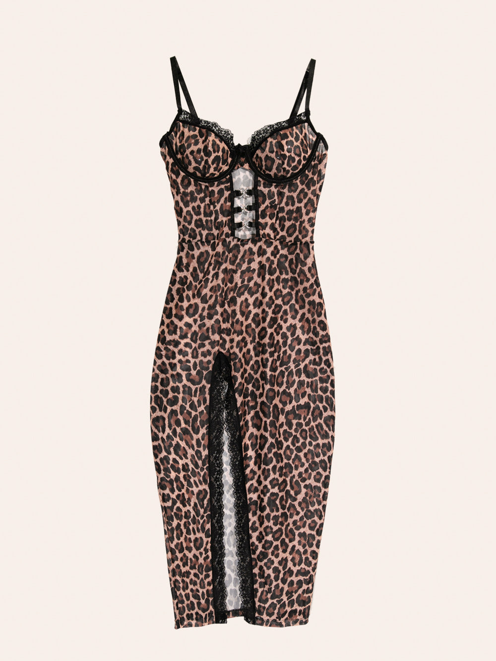 Leopard Print Slip Dress Lingerie Set - Lace Trim & Thong Included