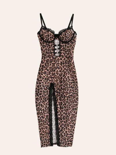Leopard Print Slip Dress Lingerie Set - Lace Trim & Thong Included