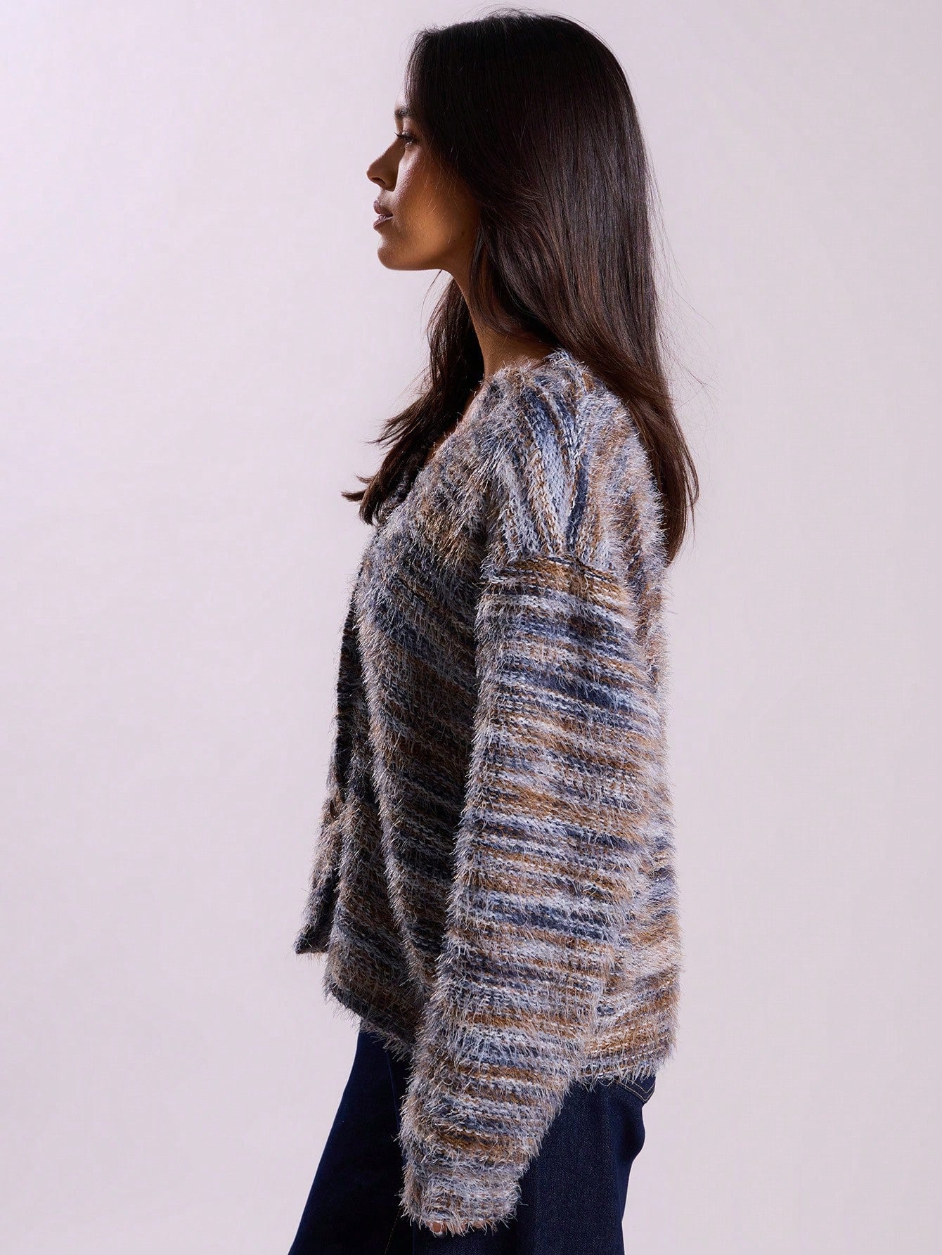 Melange Fleece Long Sleeve Cardigan - Vintage Deep V-Neck