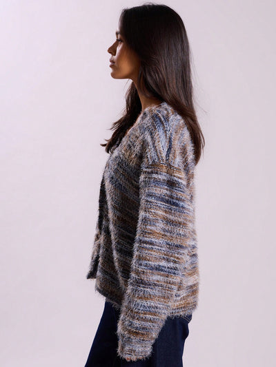 Melange Fleece Long Sleeve Cardigan - Vintage Deep V-Neck