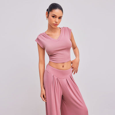 Pink V-Neck Crop Top Wide Leg Pants Set - Pleated Shoulder