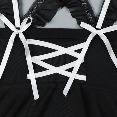 Black mesh corset-style lingerie with crisscross white ribbons and bow details.