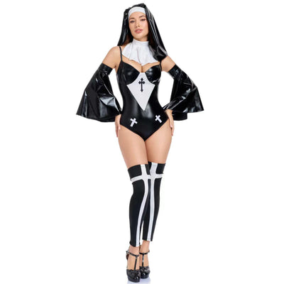 Black nun costume with white headpiece, cross bib front, cape sleeves, and striped leggings