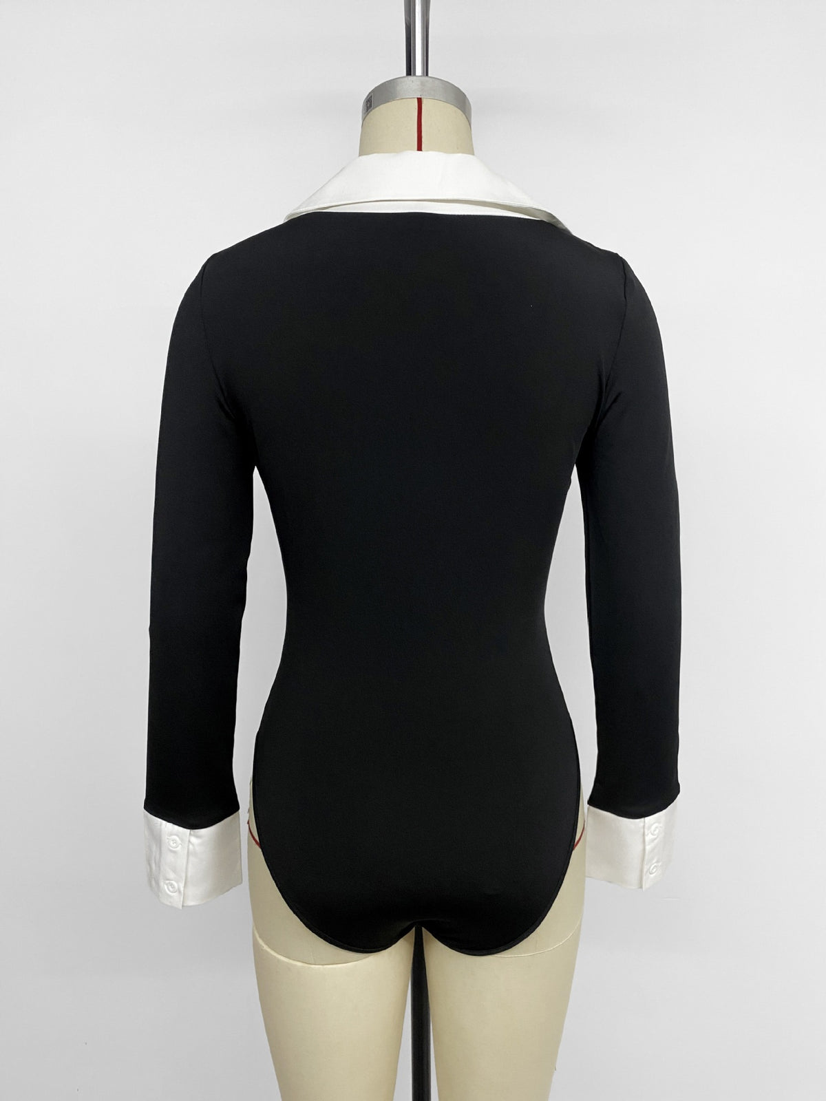 Black Long Sleeve Bodysuit - White Contrast Collar Cuff V-Neck