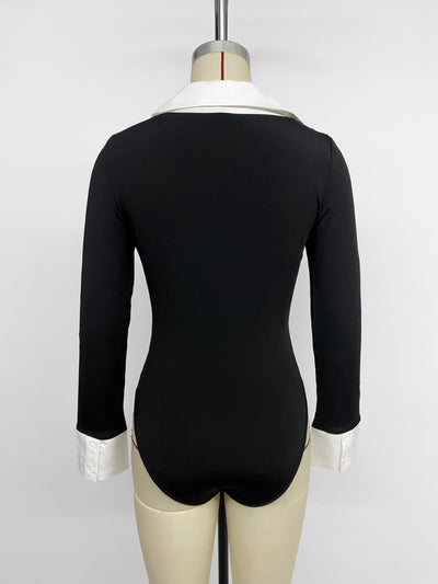 Black Long Sleeve Bodysuit - White Contrast Collar Cuff V-Neck