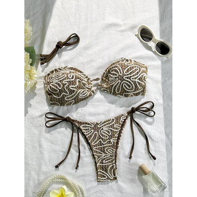 Brown and white embroidered bikini set with underwire bra and tie side bottom