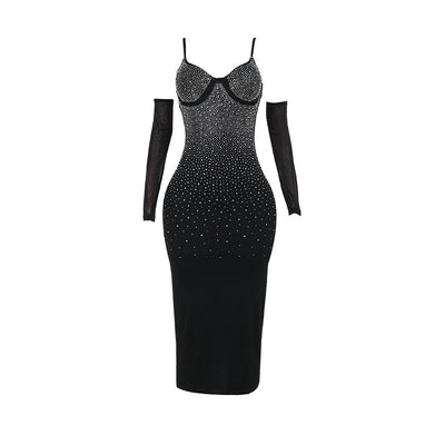 Bodycon Maxi Dress - Halter Diamond Embellished Slim Fit - Fashions Envy