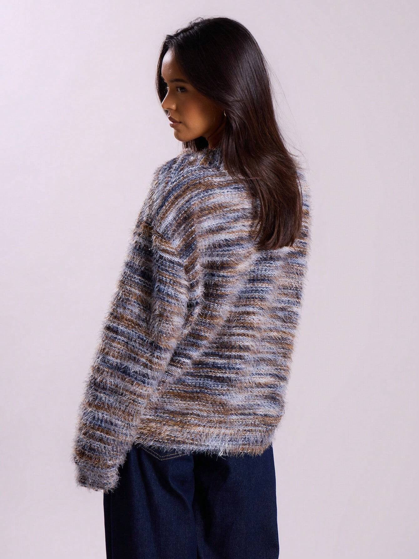 Melange Fleece Long Sleeve Cardigan - Vintage Deep V-Neck