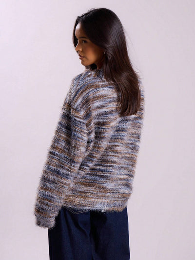Melange Fleece Long Sleeve Cardigan - Vintage Deep V-Neck