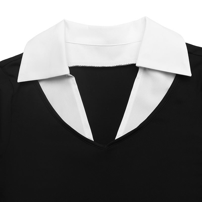 Black Long Sleeve Bodysuit - White Contrast Collar Cuff V-Neck