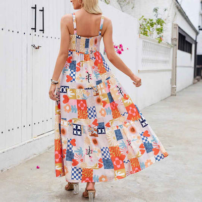 Floral Print Bohemian Maxi Dress - Square Neck Beach Vacation
