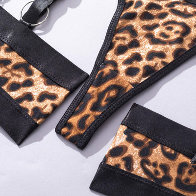 Printed Garter Lingerie Set - Strappy Bra And Thigh Bands