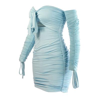 Light blue off-shoulder ruched mini dress with long sleeves and back drape detail