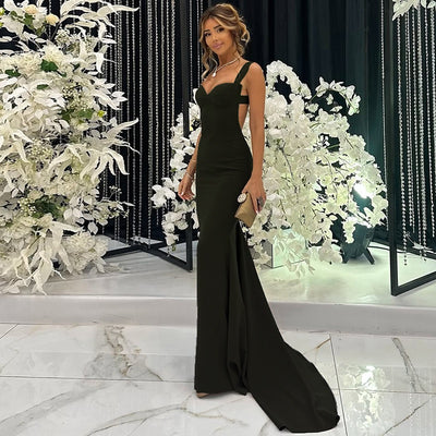 Pleated Strap Prom Gown - Dramatic Train Evening Dress