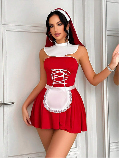 Women’s red maid lingerie set with white collar and lace-up corset over pleated skirt