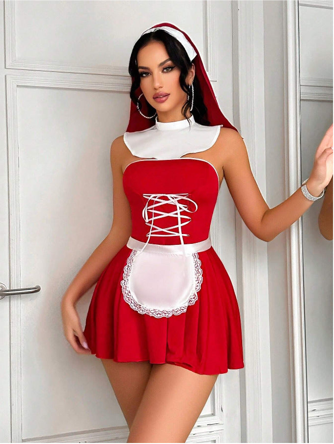 Women’s red maid lingerie set with white collar and lace-up corset over pleated skirt