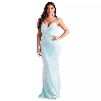 V-Neck Evening Dress - Sequin Floor-Length Gown - Fashions Envy