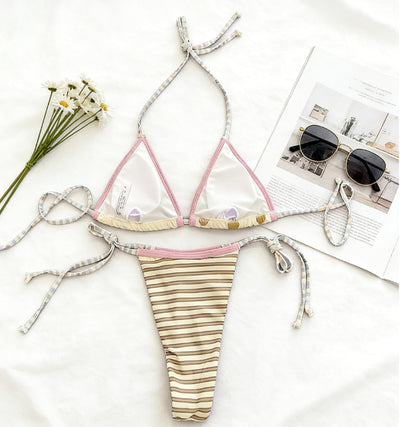 Polka Dot Stripe Mix Bikini - Pink Trim Chain Tie Two-Piece