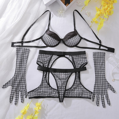 Black Lingerie Set - Four Piece Bra Garter Belt Stockings