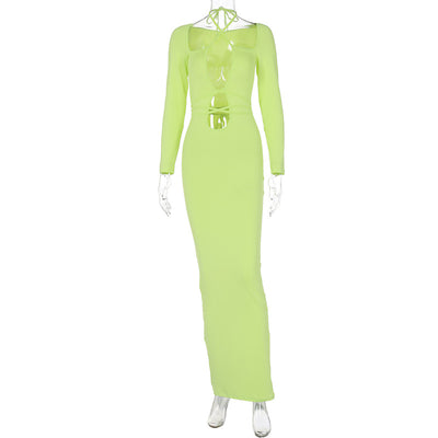 Neon green fitted bodycon midi dress, long sleeves, hollow lace-up chest panel