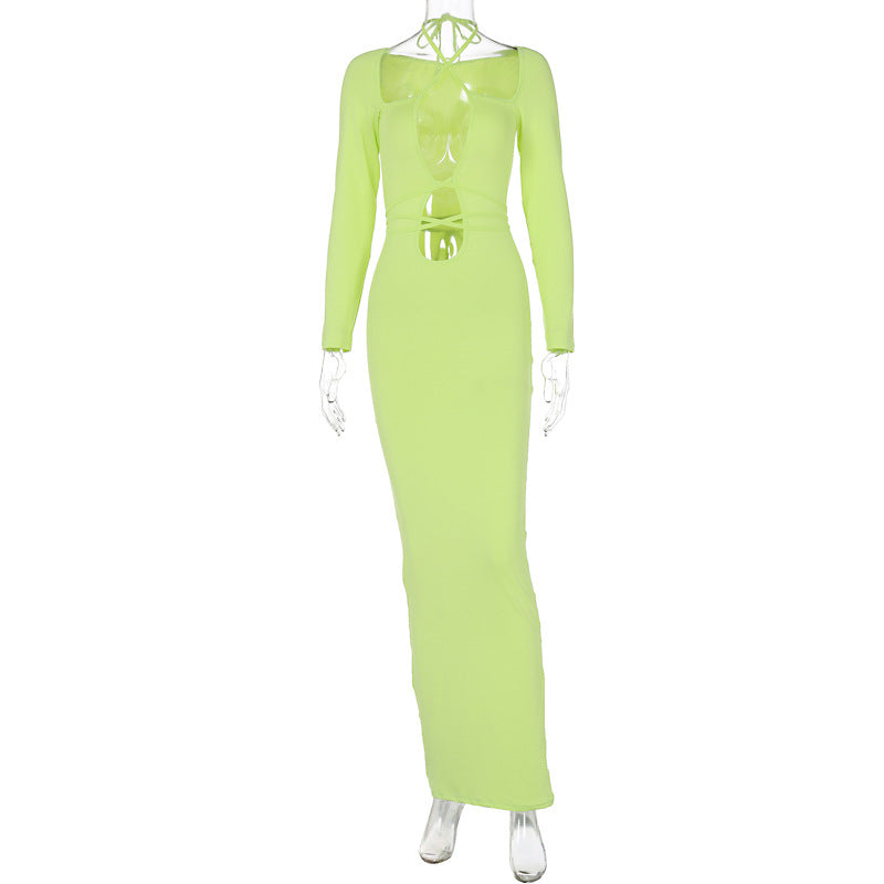 Neon green fitted bodycon midi dress, long sleeves, hollow lace-up chest panel
