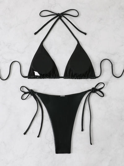 Metallic Halter Bikini Set – Shiny String Triangle Two-Piece