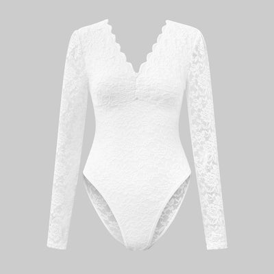 White long-sleeve lace bodysuit with scalloped V-neck and low back