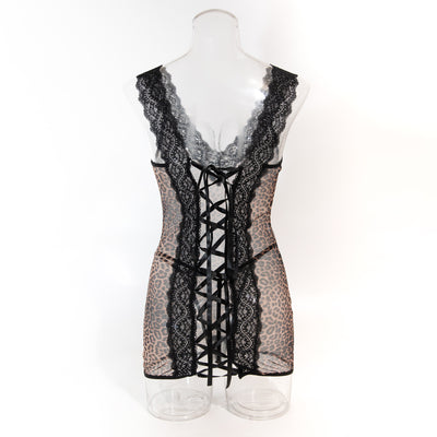 Leopard-print mesh chemise with black lace V neckline and lace-up front panel