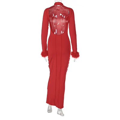 Red Feather Trim Prom Dress - Long Sleeve Maxi Gown