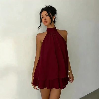 Backless Halter Neck Tiered Mini Dress - Chiffon Vacation Dress