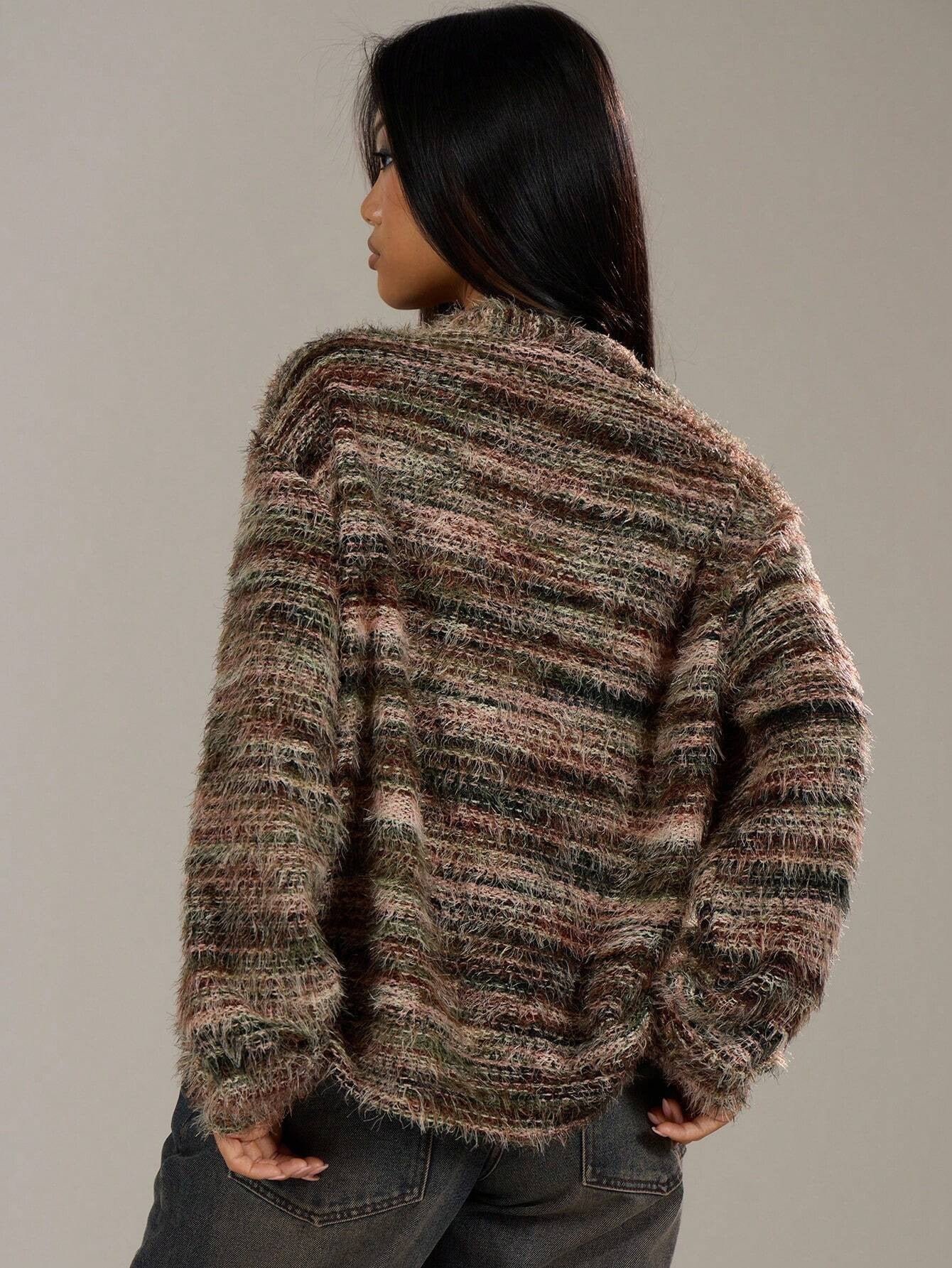 Melange Fleece Long Sleeve Cardigan - Vintage Deep V-Neck