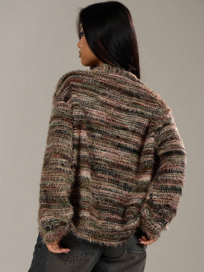 Melange Fleece Long Sleeve Cardigan - Vintage Deep V-Neck