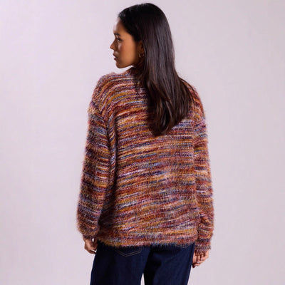 Melange Fleece Long Sleeve Cardigan - Vintage Deep V-Neck