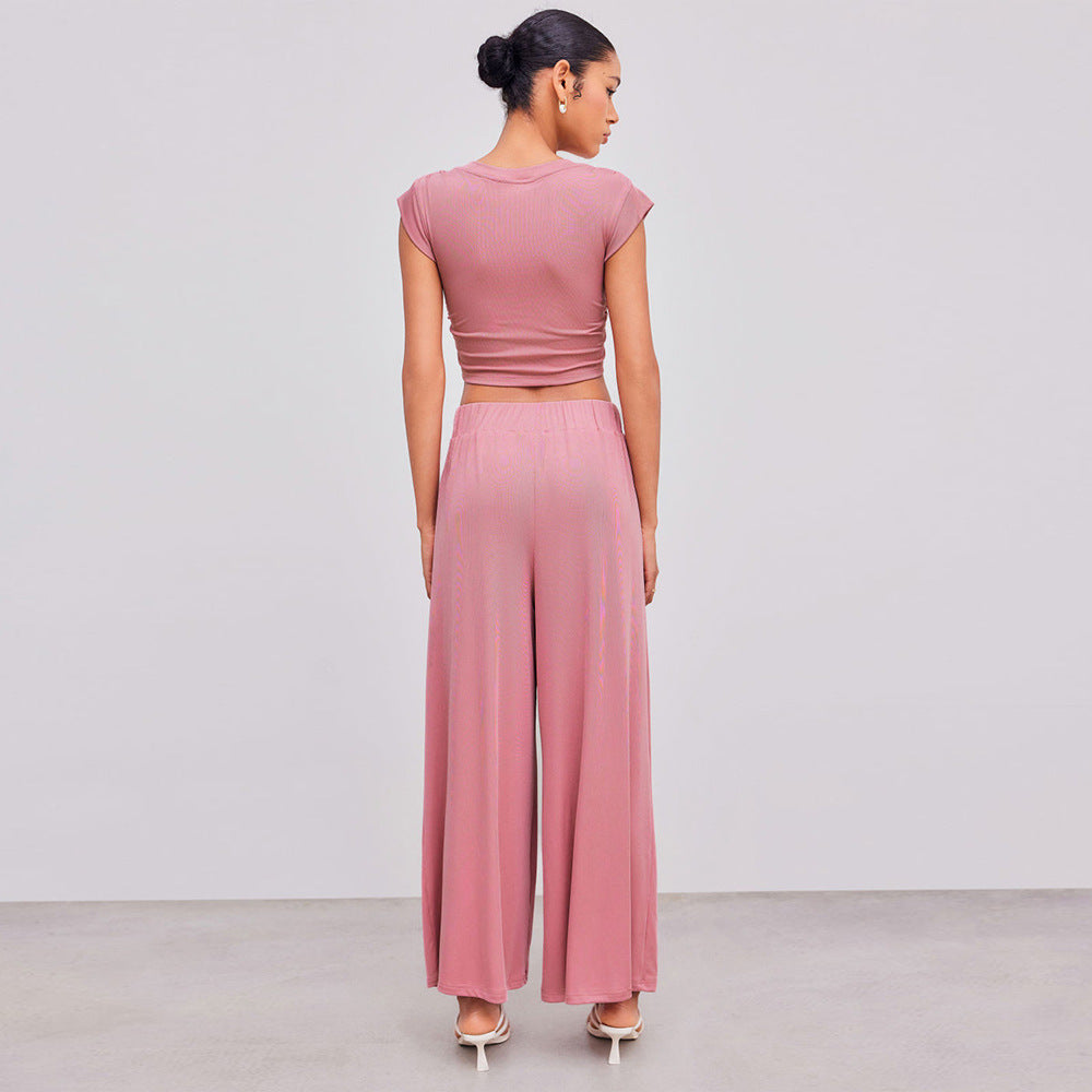 Pink V-Neck Crop Top Wide Leg Pants Set - Pleated Shoulder