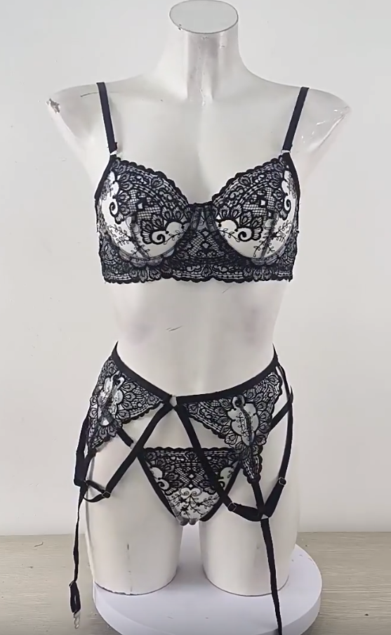 Black lace lingerie set: balconette bra, garter belt, and matching g-string with straps