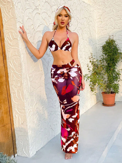 Printed Halter Neck Strapless Bikini Set Sexy Two-Piece Swimwear
