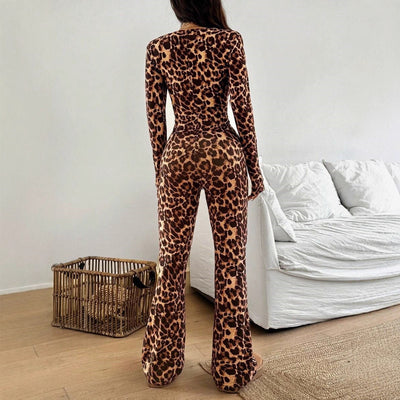 Leopard Lace Trim V-Neck Jumpsuit - Long Sleeve Flare Leg