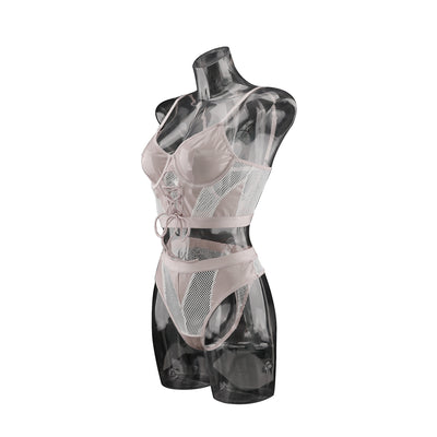 Sheer Mesh Lingerie Set - Glossy Panels And Lace-Up Front